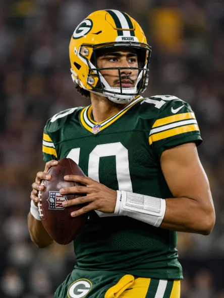 Illustration of a Green Bay Packers quarterback in a green home jersey